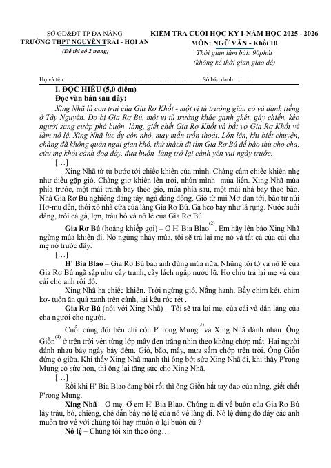 Đề thi Học kì 1 Ngữ văn 10 năm 2025-2026 trường THPT Nguyễn Trãi - Hội An (Đà Nẵng)